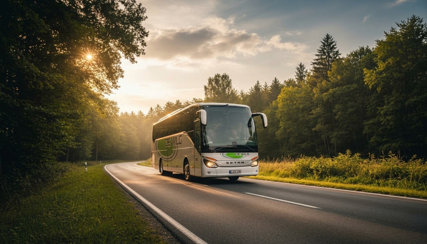Tourbus rijdt over landweg bij zonsondergang, omringd door bomen.