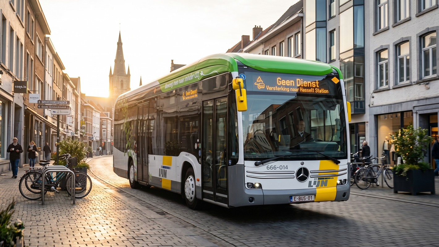 Witte bus rijdt door een zonnige stadsstraat met hoge gebouwen en fietsen.