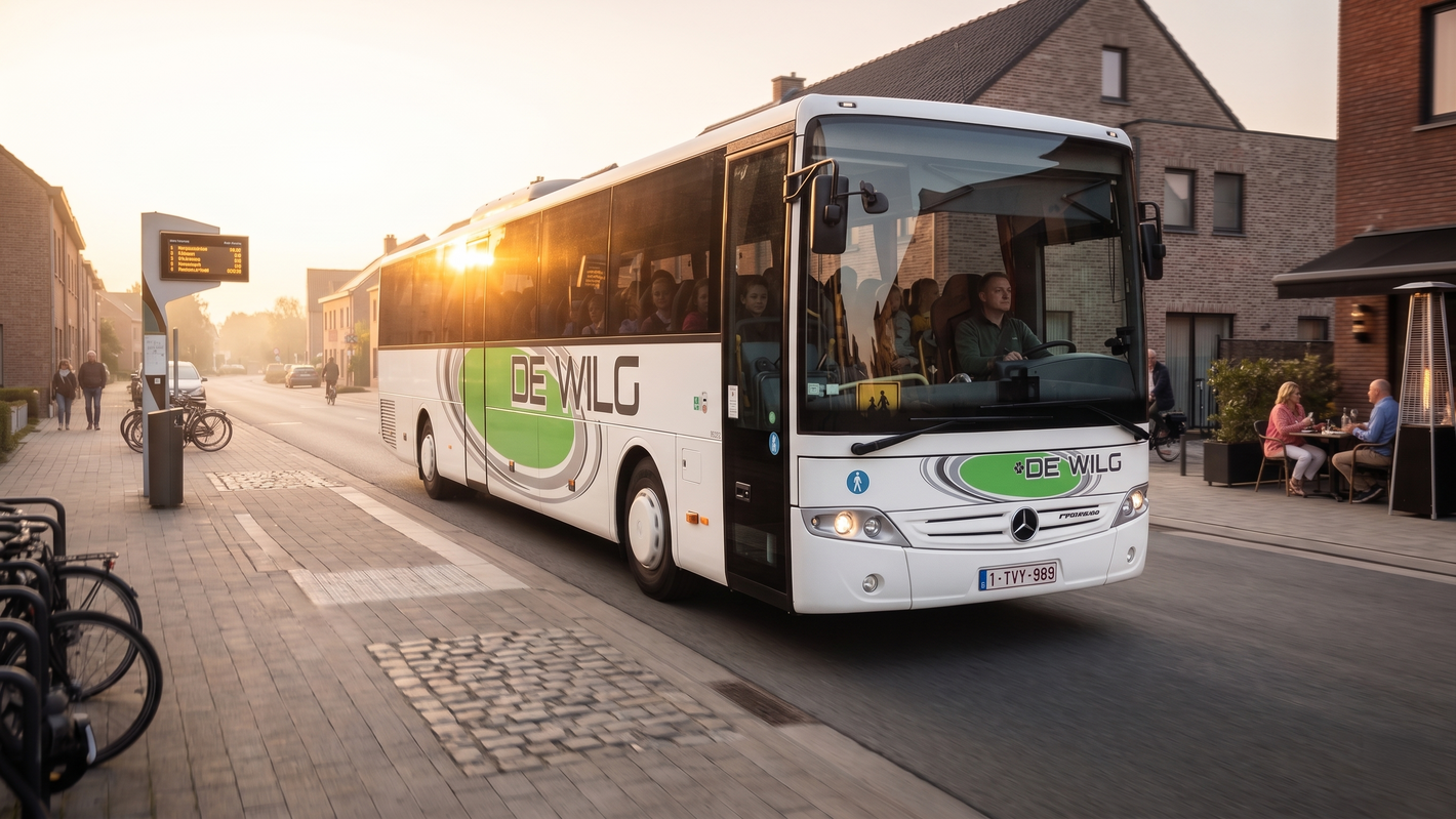 Witte stadsbus rijdt door straat bij zonsondergang, met huizen en fiets links