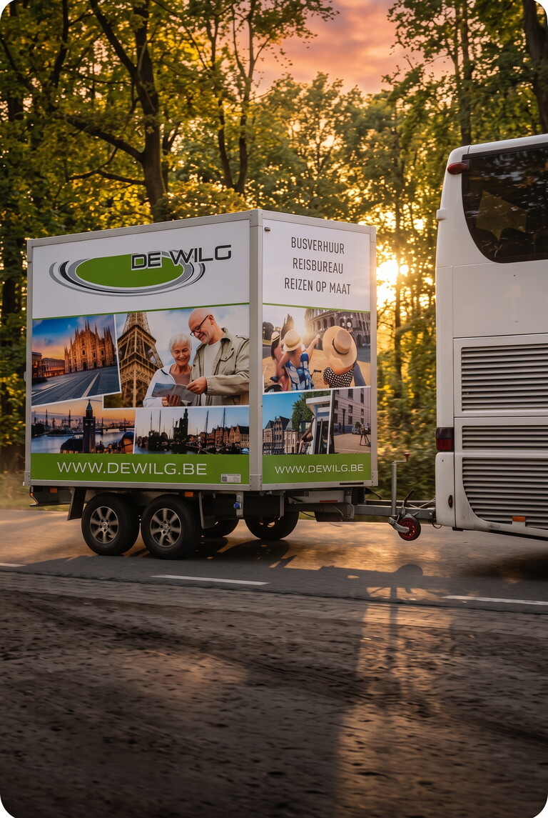 Camper naast groene reclame-aanhanger bij zonsondergang in bosrijke camping