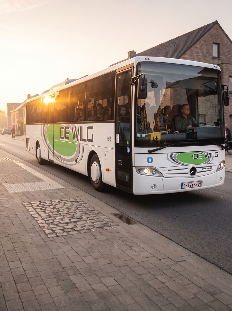 Witte stadsbus met groen “EMLG”-logo rijdt door een straat bij laagstaande zon