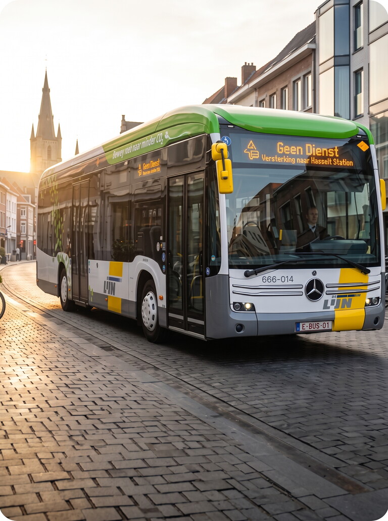 Gelede stadsbus bij halte in de ochtendzon, met kerktorens op de achtergrond